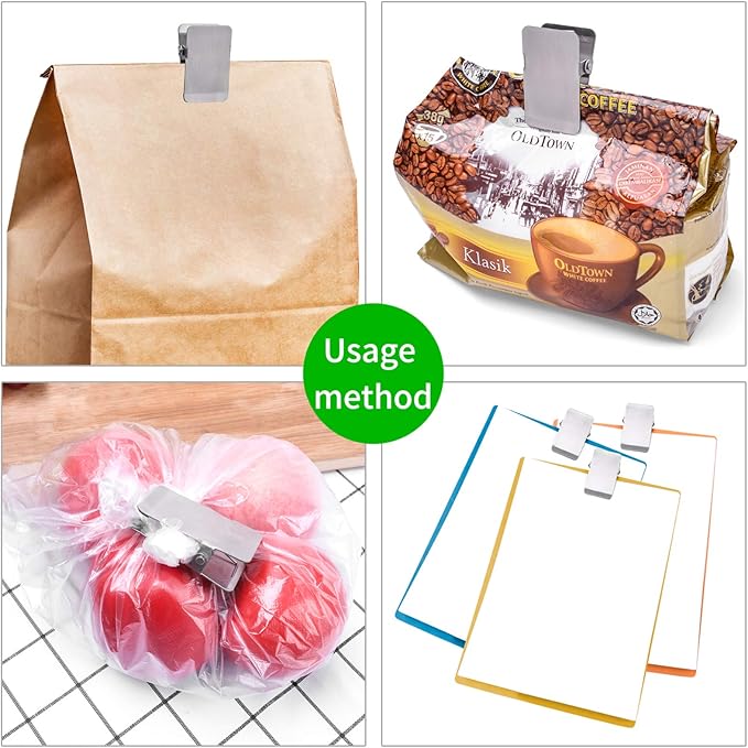Stainless Steel Chip Bag Clips,Large Heavy Duty Clip for Office Kitchen School,Great for Paper/Food/Photo,DIY Clamps for Record Text (5Pcs+1Pcs)-BURLIHOME