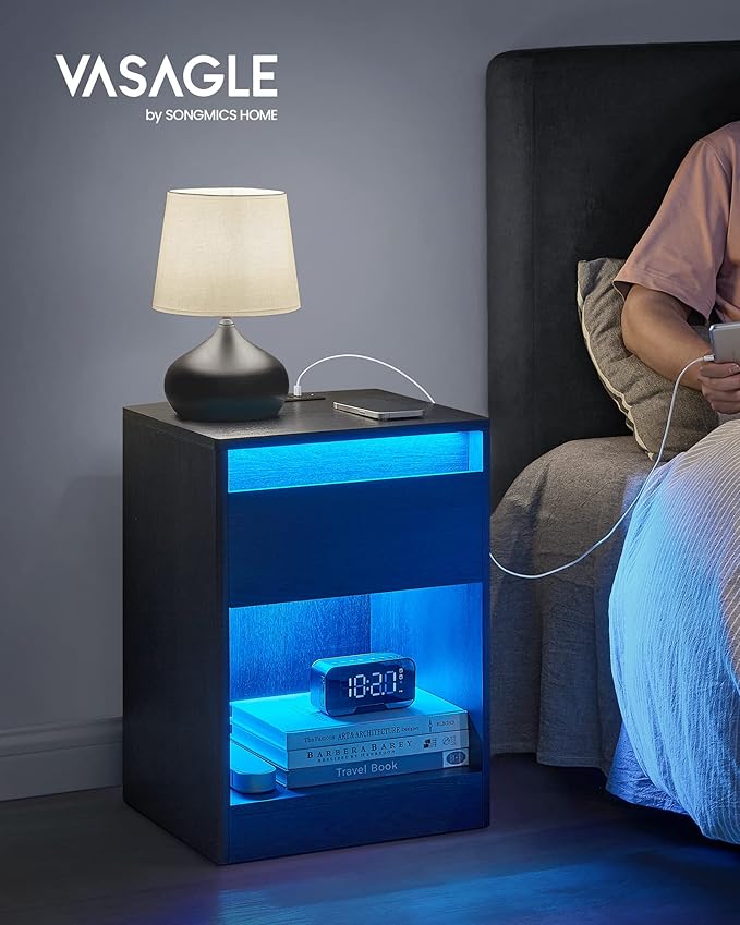 VASAGLE Set of 2 LED Nightstands with Charging Station, Adjustable Colors, 2 AC Outlets, 2 USB Ports, Bedside Tables, Side Tables with Drawer, 13.8 x 15.7 x 21.7 Inches, Ebony Black ULET918T21