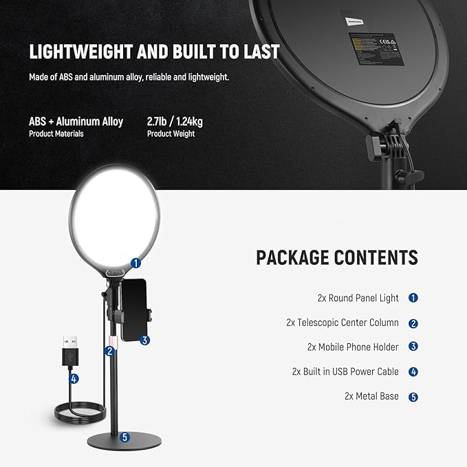 NEEWER Basics 2 Pack 10.5" Desktop LED Ring Light with Stand for Desk/Phone Holder, 3000-6500K Full Screen 15W Panel Lighting for iPhone Recording Streaming Selfie Laptop Webcam Video Conference, R10