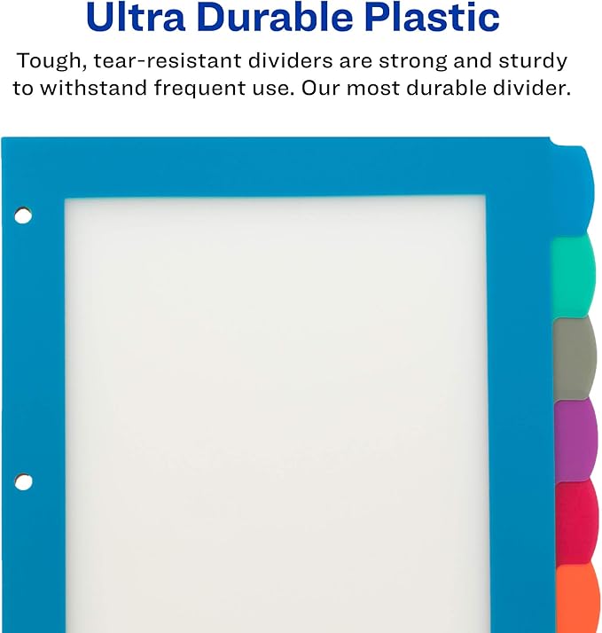 Avery Ultralast Big Tab Plastic Dividers for 3 Ring Binders, 8-Tab Sets, Multicolor with White Labels, 24 Sets, 192 Divider Tabs (24901)