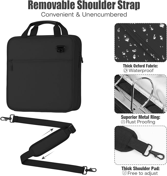 MoKo Zipper Binder, 3 Inch 3 Ring Binder with 700 Sheets Capacity & Shoulder Strap & Handle, Multi-Pocket Zipper Organizer for Middle School, Black