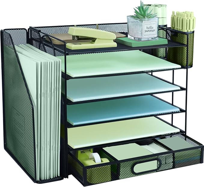 6 Tier Desk File Organiser with Extra Vertical File Sorter, Paper Letter Tray with Top Stationery Drawer Holder, A4 Paper Desktop Filing Trays, Magazine Document Holder for Home Office, Black