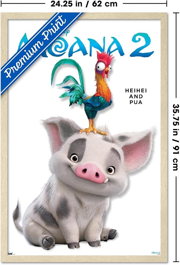 Disney Moana 2 - Heihei and Pua Feature Series Wall Poster, 34L" x 22.4W", Blonde Framed Version