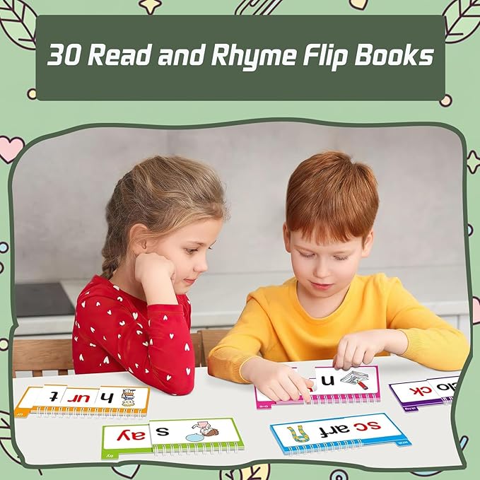 30 Read and Rhyme Flip Books, Word Family Build Book, Learn to Read Phonics Flash Cards, ABC Vocabulary Flash Cards, Kindergarten Sight Words for Preschool Learning Activities and Reading Games