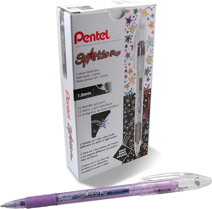 Pentel Sparkle Pop Metallic Gel Pen, (1.0mm) Bold Line, Violet/Blue Ink, Box of 12 Pens (K91-DV)