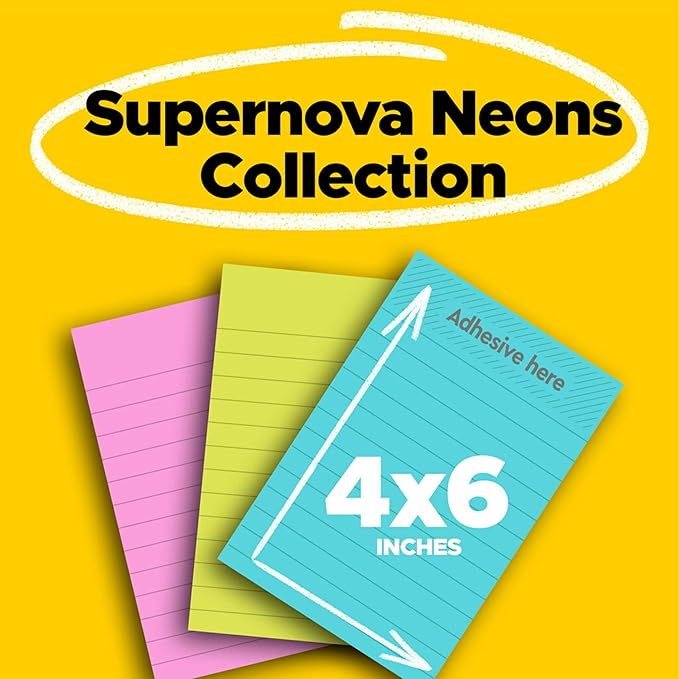 Post-it Super Sticky Notes, 4x6 in, Supernova Neons Collection, Lined, 3 Pads/Pack (4645-3SSAN) (Pack of 2)