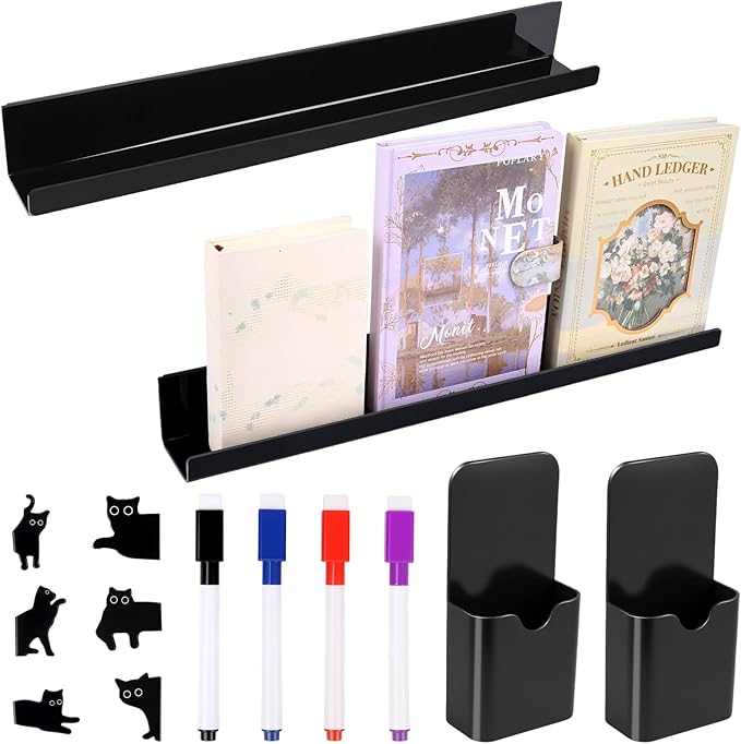 14 Pcs Magnetic Book Shelf,Cat Bookmarks,Pen Holder for Whiteboard,Colored Markers,17 Inch Magnetic Shelves for Home Study Areas, Office Cubicles, Classroom Whiteboards