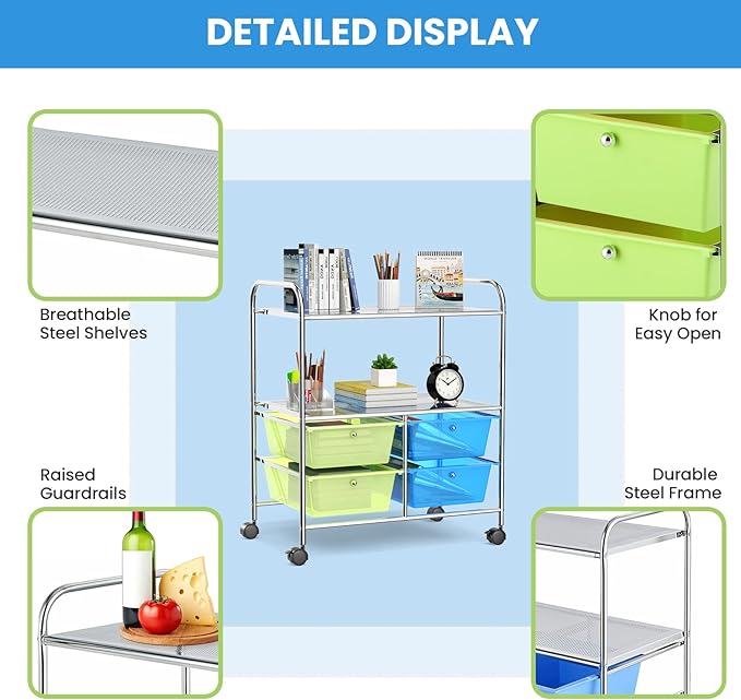 COSTWAY 4-Drawer Storage Cart, Mobile Storage Organizer w/Steel Frame & 360° Wheels, 4-Drawer Utility Cart for Living Room, Kitchen, Bathroom & Office, Green & Blue