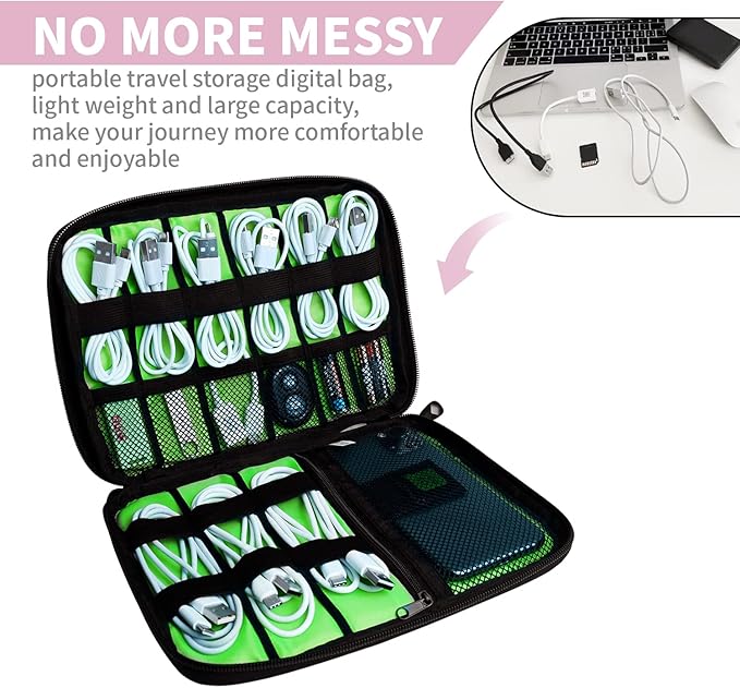 Electronics Travel Organizer,Portable Waterproof Electronic Travel Storage Bag for Small Charging Cord Storage,Charger,SD Card etc,for Travel,Business -Pink Green