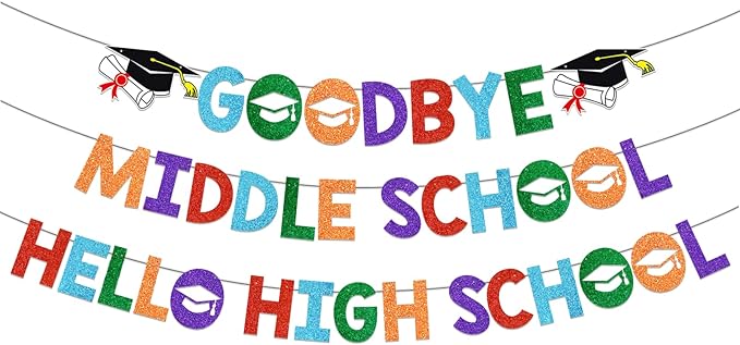 Goodbye Middle Hello High School Banner 8th Grade Graduation Decorations Graduation Banner Class of 2026 for 8th Grad Graduation Party Decorations Glitter