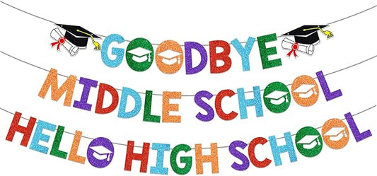 Goodbye Middle Hello High School Banner 8th Grade Graduation Decorations Graduation Banner Class of 2026 for 8th Grad Graduation Party Decorations Glitter