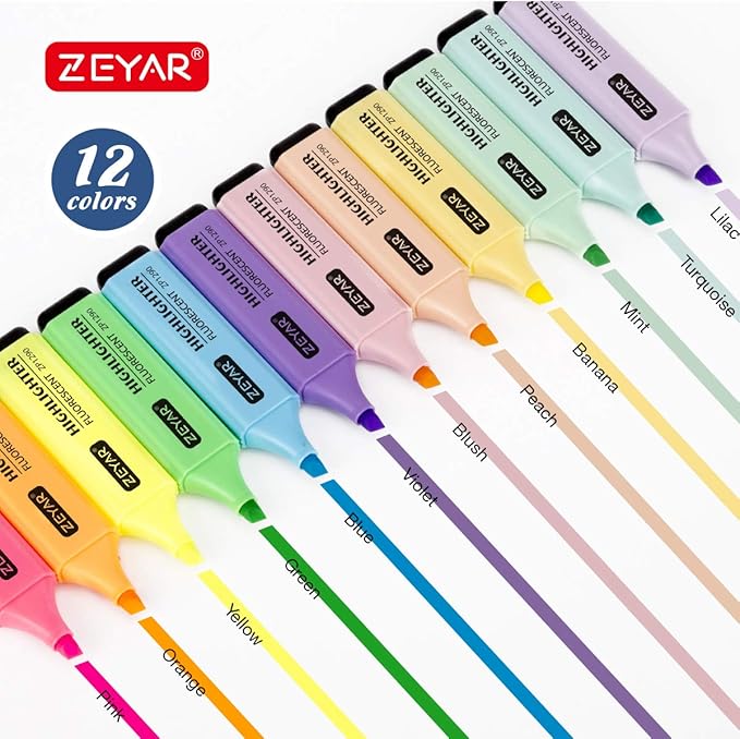 ZEYAR Highlighter, Chisel Tip Marker Pen, AP Certified, Assorted Colors, Water Based, Quick Dry (12 Colors)