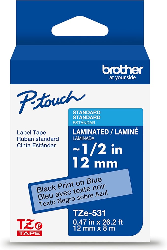 Brother Genuine P-Touch TZE-531 Tape, 1/2" (0.47") Standard Laminated P-Touch Tape, Black on Blue, Laminated for Indoor or Outdoor Use, Water Resistant, 26.2 Feet (8M), Single-Pack