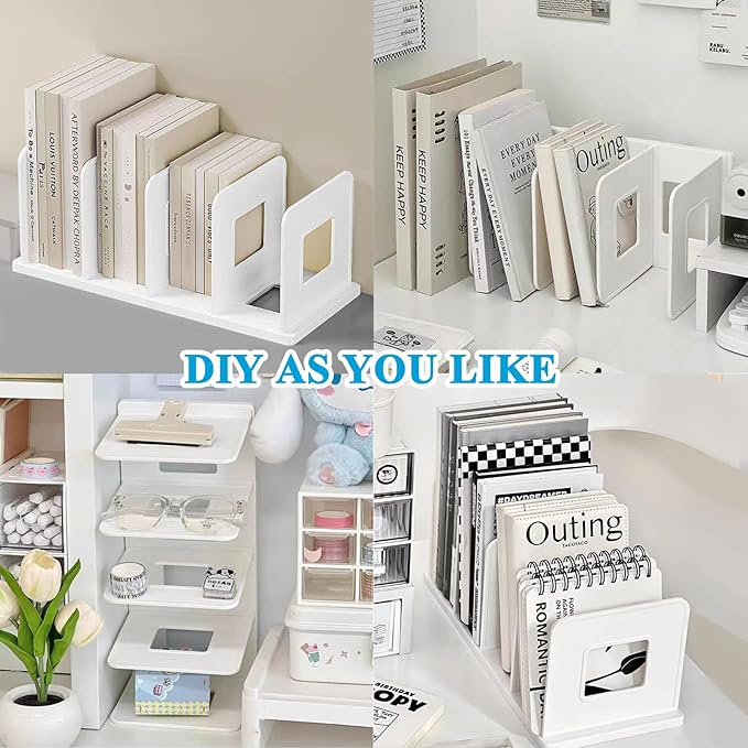 SAYEEC Desk File Sorter Vertical Desktop File Folder Organizer 4 Section Plastic Book Holder Adjustable Shelf Dividers Closet Purse Handbag Mail Binder Organizer Magazine Rack Stand Bookshelf (White)
