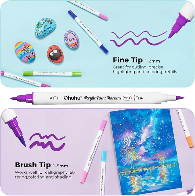 Ohuhu Acrylic Paint Markers Dual Tips: 36 Colors Brush & Fine Paint Pens High Opacity Acrylic Markers Waterproof Lightfast for Christmas Gifts Rock Painting 3D Prints Egg Wood Glass Ceramic DIY Crafts