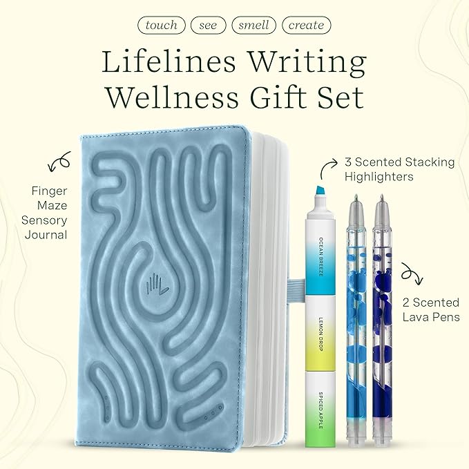 Lifelines Writing Wellness Gift Set - Scented Writing Set Includes Finger Maze Sensory Journal, 3 Scented Stacking Highlighters & 2 Lava Gel Pens - Aromatherapy & Sensory Immersion