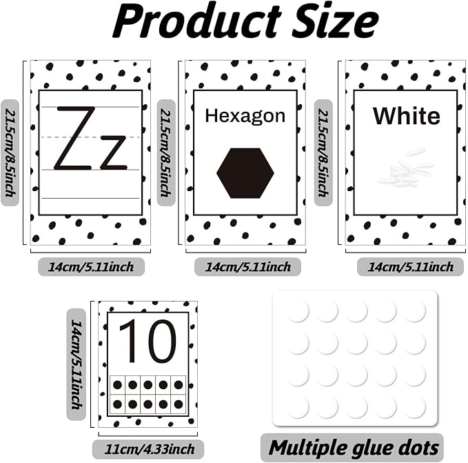 67 PCS Classroom Alphabet Number Educational Poster Cards with Weather Shape Color Learning Cards Decorations, Black and White Polka Dot Bulletin Board Letter, School Home Wall Decor for Teacher