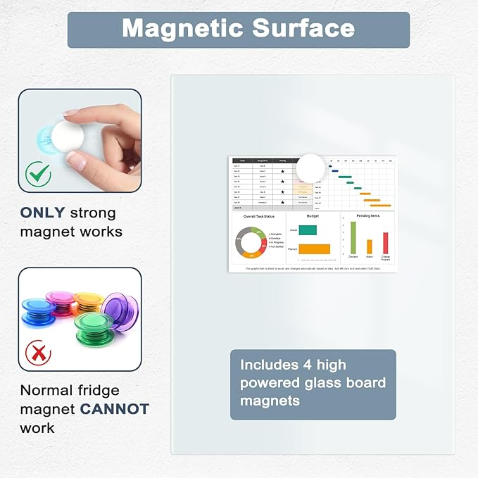 Magnetic Glass Whiteboard for Wall, 16" x 12" Glass Dry Erase Board, Frameless White Board for Home and Office - Normal White