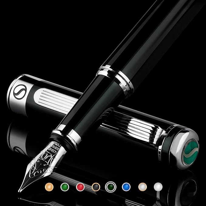 Scriveiner Black Green Fountain Pen - Stunning Luxury Pen with Chrome Finish, Schmidt Nib (Medium), Best Pen Gift Set for Men & Women, Professional, Executive, Office, Nice Pens