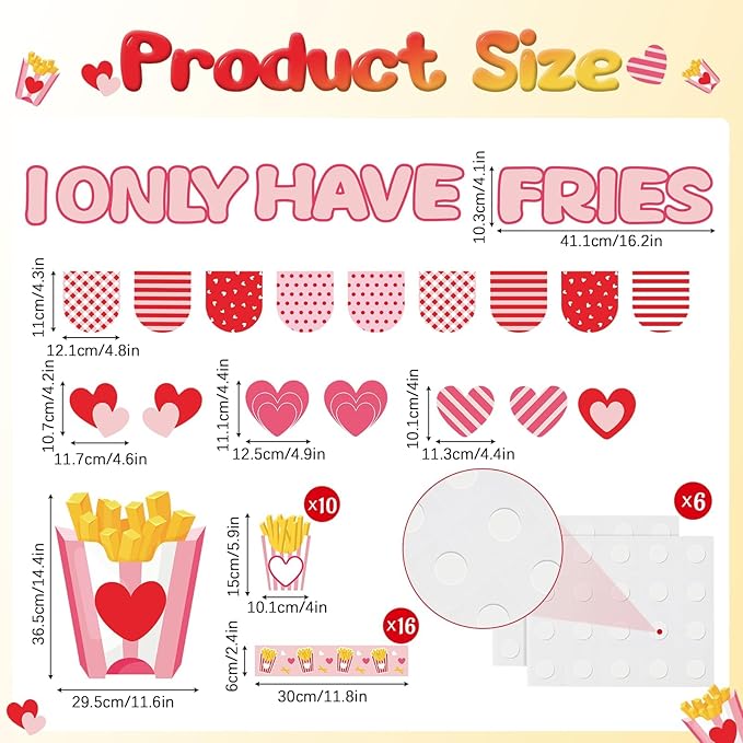 party greeting Valentine's Day Fries Bulletin Board Set Valentines I Only Have Fries for You Classroom Decor Love Heart Name Border Trims Paper Cutouts for School Classroom Home Wall Decor Supplies