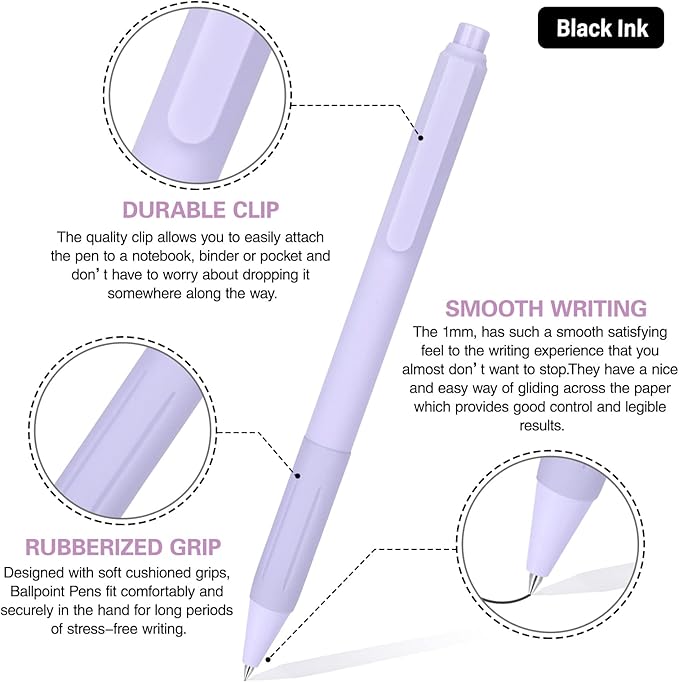 14-Pack Ballpoint Pens, Medium 1.0mm Black Ink Cute Pastel Office Pen, Retractable - For Smooth Writing, Note Taking and Journaling