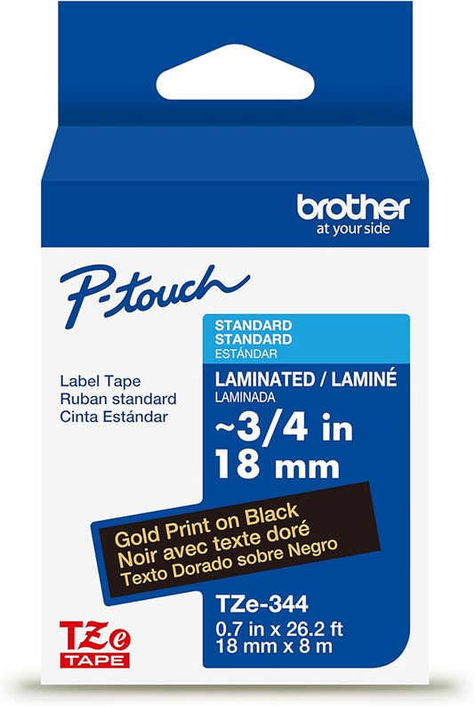Brother Genuine P-Touch TZe Gold Print on Black Label Tape (TZe344), Laminated,3/4in x 26.2ft (18mm x 8m), for Select P-Touch Label Makers, Durable, Water-Resistant, Indoor/Outdoor Use