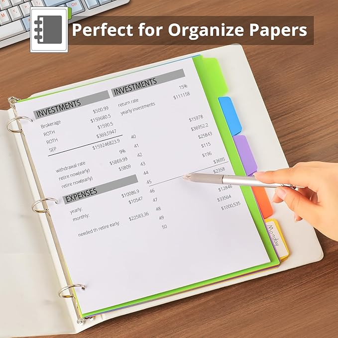 Binder Dividers with Tabs, 5 Tab Sturdy Plastic Dividers for 3 Ring Binder, Colorful Dividers for 3 Ring Binder Page Protectors, 3 Ring Binder Dividers with Tabs for School Office, 3 Set (15 Pcs)