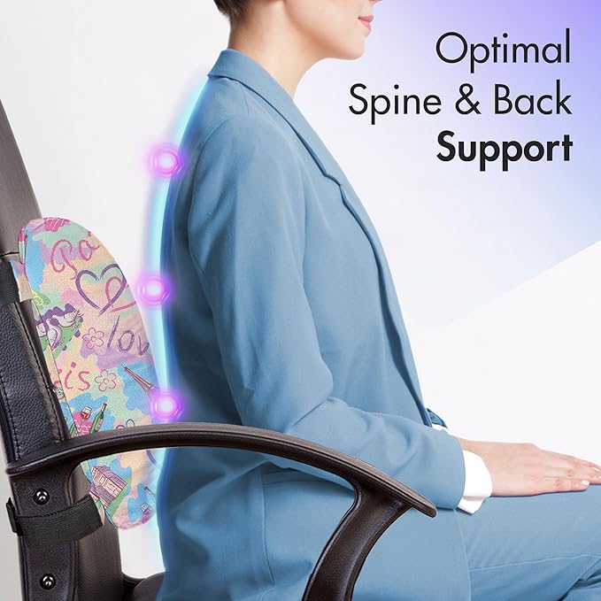 Ambesonne Modern Lumbar Back Support Pillow, Vintage Retro Paris French Design with Landmarks and Florals Art, High Density Foam for Office Chairs Car Seats, 14" x 13", Pink Blue