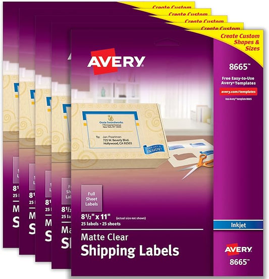Avery Full Sheet Printable Shipping Labels, 8.5" x 11", Matte Clear, Inkjet, Create Custom Labels Using Scissors or Electronic Cutting Machines, 125 Total (5 Packs of 8665)