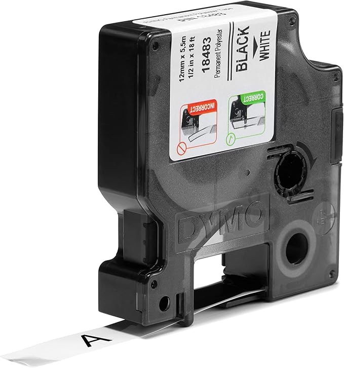 DYMO Rhino Industrial Permanent Polyester Labels 1/2" Black Print on White Tape