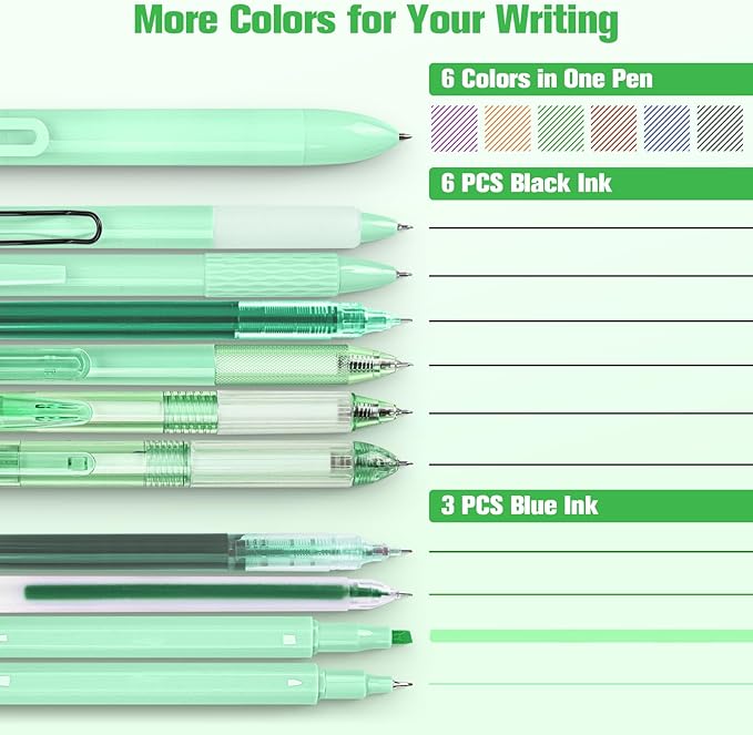 Gel Pens, 10 Pcs Pastel Green for Journaling, Cute 0.5mm Fine Point Retractable, Aesthetic Writing With Highlighter, Multicolor Ballpoint for School, Office Supplies, Bible Set