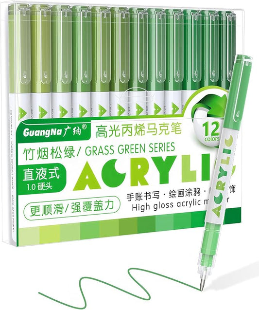 Guangna Acrylic Gel Pens 12 Color, Colored Pens for Journaling, Coloring Books, Calligraphy, Note Taking & DIY Crafts, RollerBall Pen Tip (Green)
