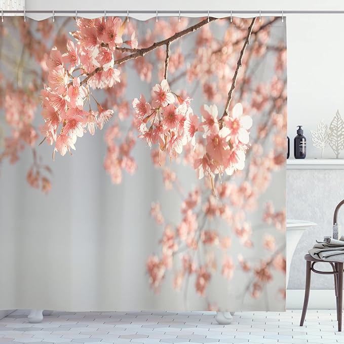 Ambesonne Peach Shower Curtain, Japanese Scenery Sakura Tree Cherry Blossom Nature Photography Coming of Spring, Cloth Fabric Bathroom Decor Set with Hooks, 69" W x 70" L, Bluegrey Coral