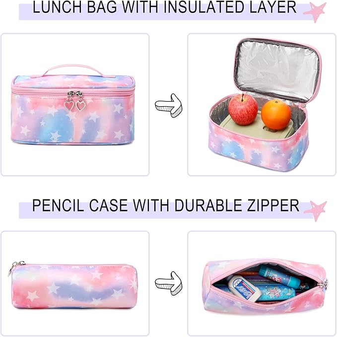 Girls Backpack with Lunch Box for Elementary Middle School,17 Inch Purple Lightweight School Backpack with Lunch Bags Set for Girls