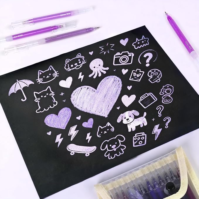 12 Purple Glitter Gel Pens Set, 1.0 mm Fine Point for Black Paper & White Paper, Large Capacity Pens for Journaling, Adult Coloring Books, Drawing, Note Taking, Highlighting