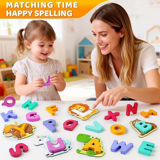 BEESTECH Animal Alphabet Flash Cards, Wooden Letter Puzzle, Educational ABC Learning Toys for 3 4 5 Year Old Boys Girls Toddlers, Preschoolers Matching Game
