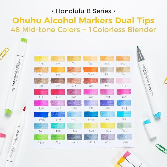 Ohuhu Alcohol Brush Markers 48 Mid-tone Colors - AP Certificated Double Tipped Alcohol Based Art Marker Set for Artist Adults Coloring Illustration - Honolulu B Brush & Fine Dual Tips - Refillable