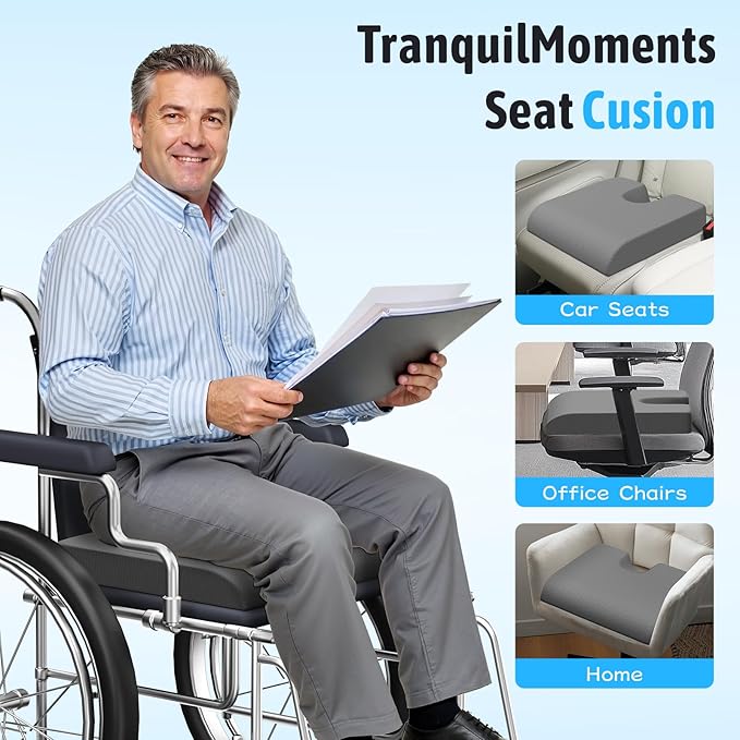 TranquilMoments Seat Cushion, Gel Wheelchair Seat Cushion，Ergonomic Chair Cushions for Office Chairs & Car, Relieve Sciatica, Back and Tailbone Pain, Removable Cover & Non - Slip Bottom, Grey