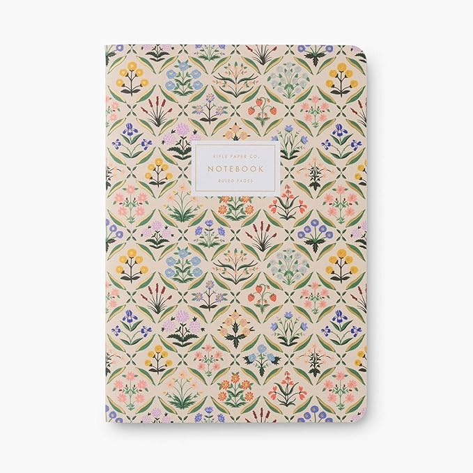 RIFLE PAPER CO. Estee Stitched Notebook Set, 8.5" L x 6" W, Set Of 3, 64 Ruled Pages With Gold Ink, Full-Color Canvas Cover With White Text Paper Interior