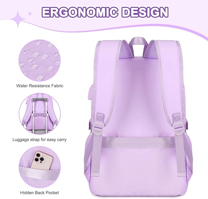 Backpacks for Girls, Girls Backpack with Lunch Box & Pencil Pouch for Teens Girl Kids Elementary Middle High School College Student Bookbag Daypack Laptop Travel Backpack for Women (Purple)