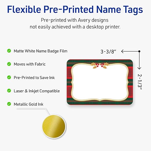Avery Printable Christmas Adhesive Name Badges, Rectangle, 2-1/3" x 3-3/8", Pre-Printed Red & Green Plaid with Metallic Gold Frame Design, Matte White, Laser & Inkjet Compatible, 80 Total