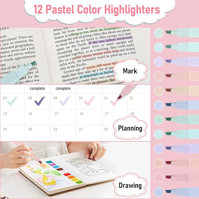 42PCS Aesthetic School Supplies with Large Pencil Case, 12 Pastel Highlighters,6 Black Ink Gel Pens,6 Cute Mechanical Pencils Set 0.5 & 0.7 mm for Students Stationary College Essentials(Pink)