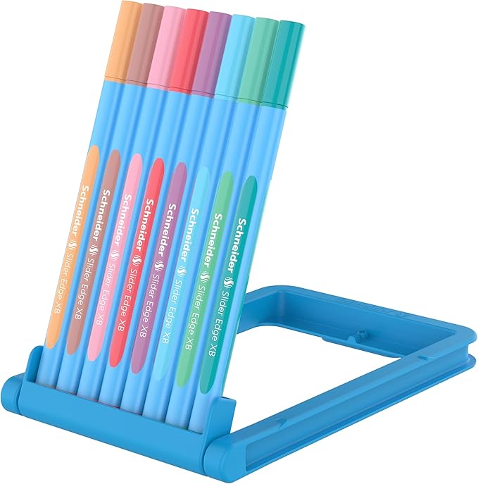 Schneider Slider Edge Pastel XB (Extra Broad) Ballpoint Pen, 1.4 mm, Light Blue Barrel, Assorted Ink Colors, Adjustable Case Stand of 8 Pens (152289)