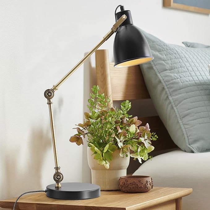 JONATHAN Y 24" Black/Brass Gold LED Metal Task Lamp, Modern Industrial Adjustable Desk Lamp for Home Office Bedroom, Silk-Wrapped Cord, UL Listed, LED Bulb Included JYL6003A