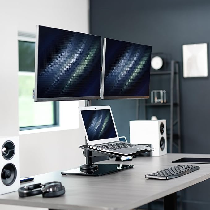 VIVO Freestanding Dual Computer Monitor and Laptop Combo Desk Stand with Glass Base, Fits up to 32 inch Monitors and 17 inch Laptops, Black, STAND-V003FGL