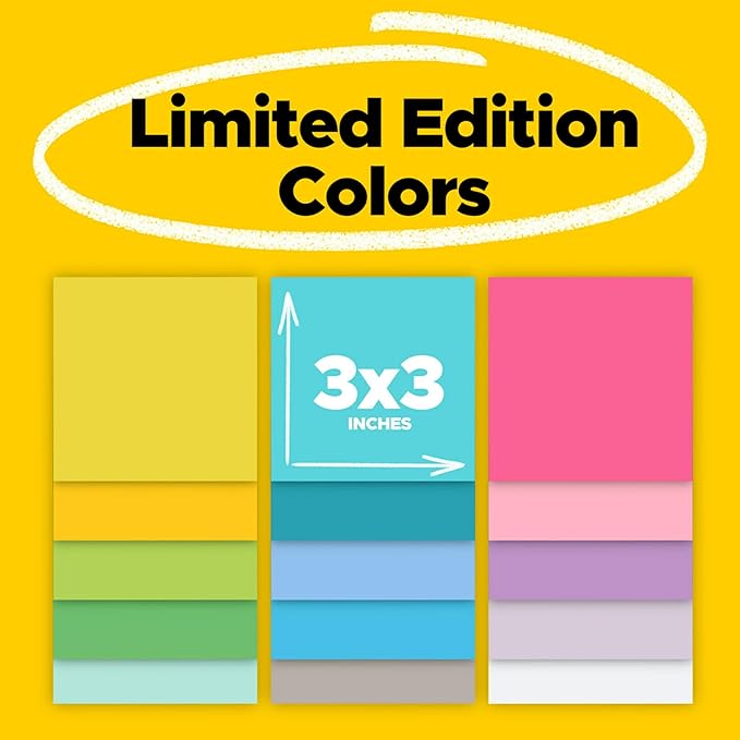 Post-it Super Sticky Notes, Limited Edition Color Collection, 3x3 in, 15 Pads, 45 Sheets/Pad (Pack of 12)