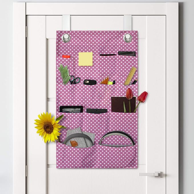 Ambesonne Pink Polka Dots Hanging Pocket Organizer, Rose Background with Mini Geometric Details Adjacently Victorian Design, Printed Polyester Storage Bag with Pockets, 21" x 31", Pink and White