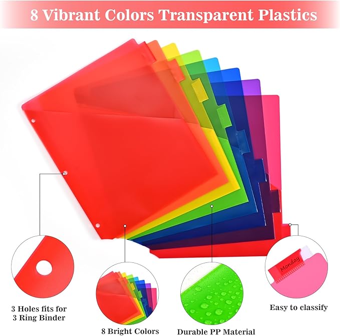 Binder Index Dividers with Tabs, 48 Count 3 Ring Binder Dividers with Pockets, 8 Tab Dividers for 3 Ring Binder, Plastic Sheet Protectors for US Letter Size, 8 Color Tab Dividers,6 Packs