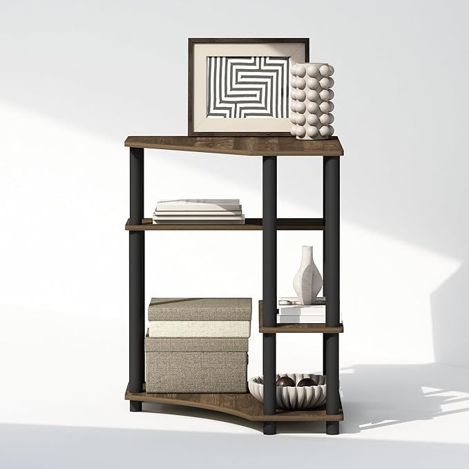 Furinno Turn-N-Tube Storage Shelves, 4-Tier Corner Shelf, Display Rack, Corner Bookshelf, for Organization and Storage, Living Room, Home Office, Columbia Walnut