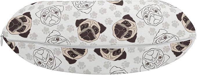Ambesonne Dog Travel Pillow Neck Rest, Pug Portraits Traces Paw Print Background Canine Pet Illustration Mammal Animal, Memory Foam Traveling Accessory for Airplane and Car, 12", Beige Brown Tan